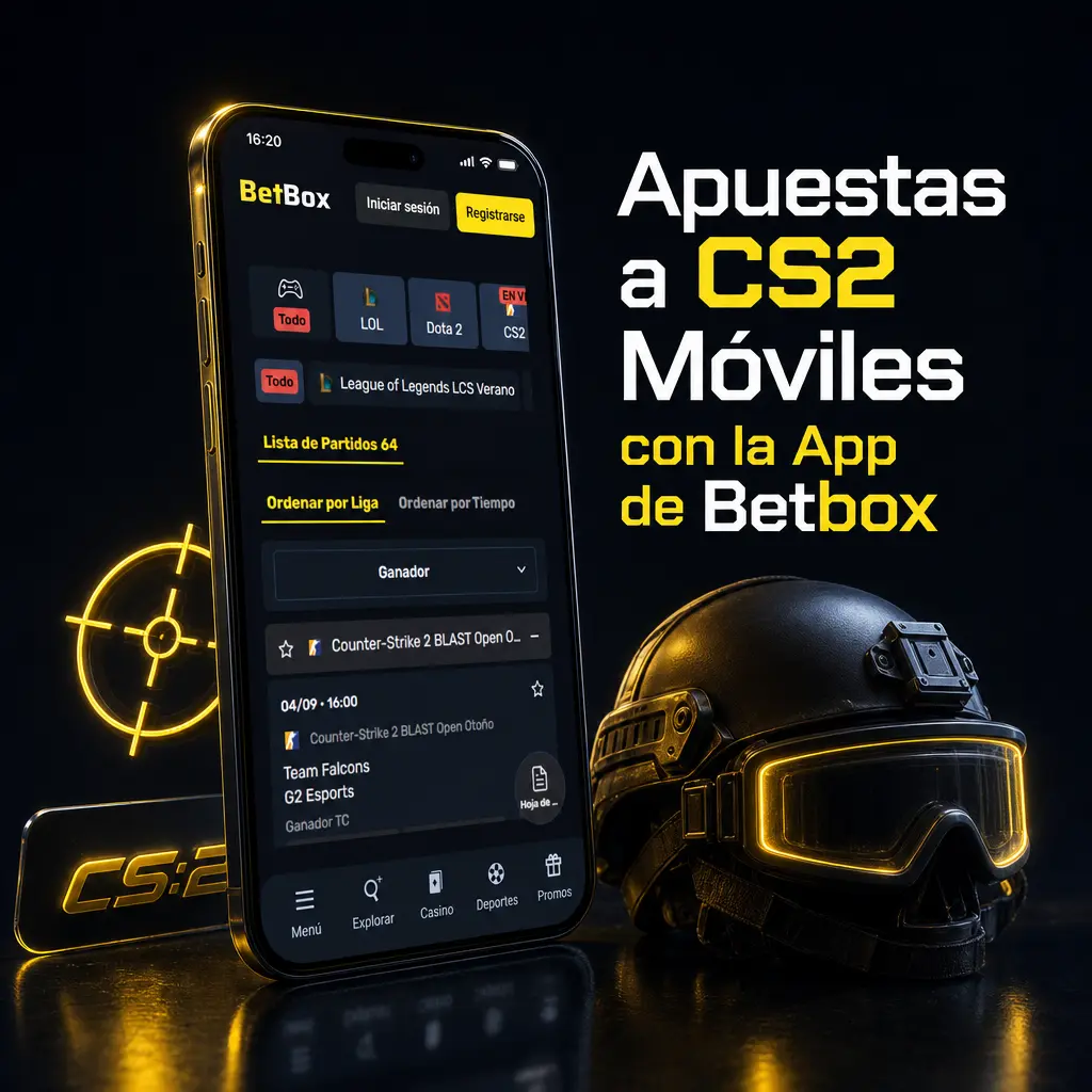 App de Betbox para apuestas a CS2 en móviles, con carga rápida y notificaciones push de partidos en vivo.