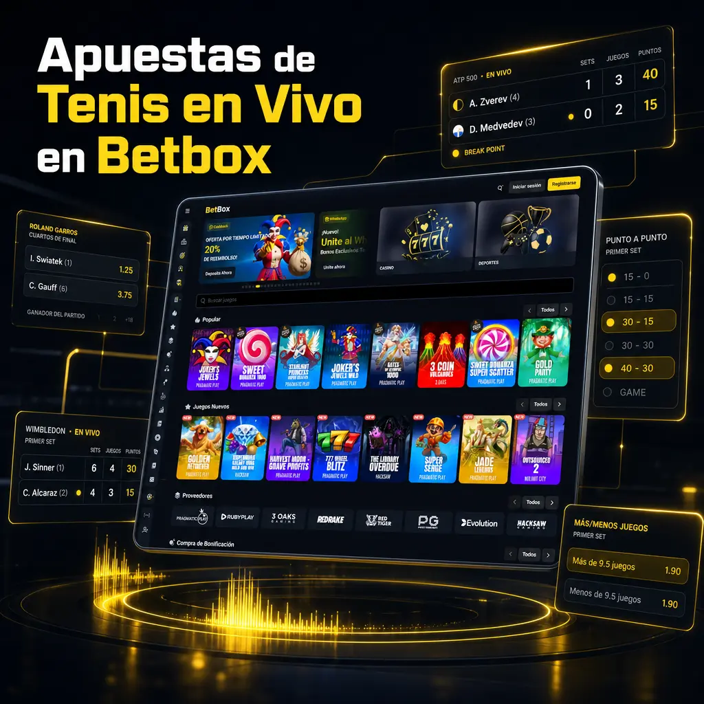 Apuestas de tenis en vivo en Betbox con cuotas actualizadas, estadísticas en tiempo real y mercados ajustados jugada por jugada.