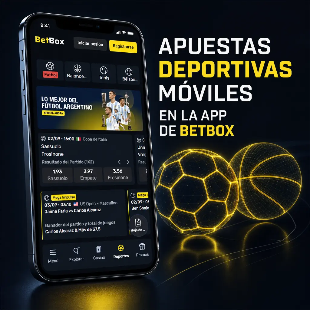 Captura de la app de Betbox mostrando apuestas deportivas móviles en vivo y pre-partido en fútbol, tenis, básquet y más