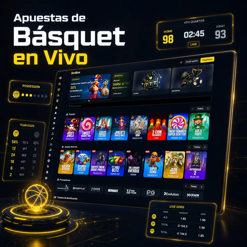 Apuestas en vivo de básquet en Betbox con cuotas actualizadas por cuarto, marcador y estadísticas de equipo y jugador