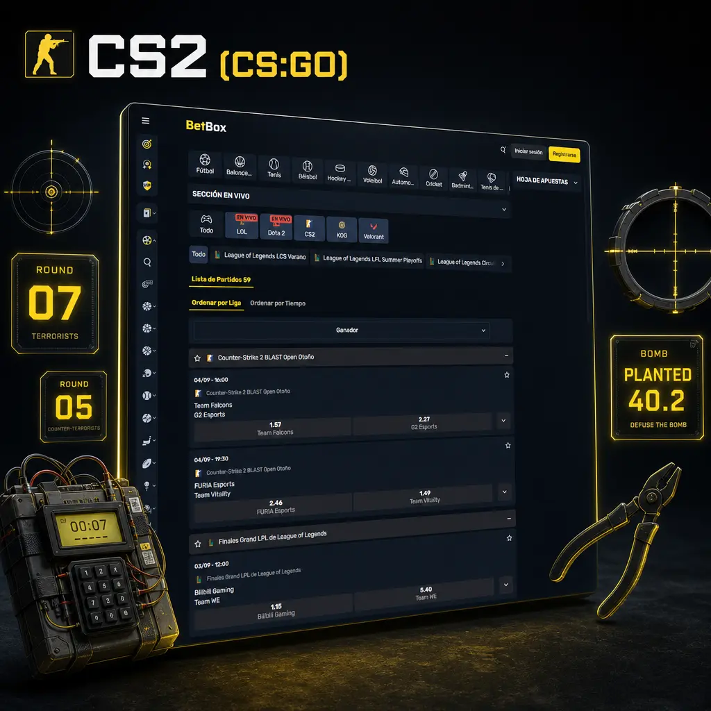 Logo de CS2 (CS:GO), shooter táctico con apuestas en vivo por mapa, rondas y MVP en torneos como IEM y ESL Pro League