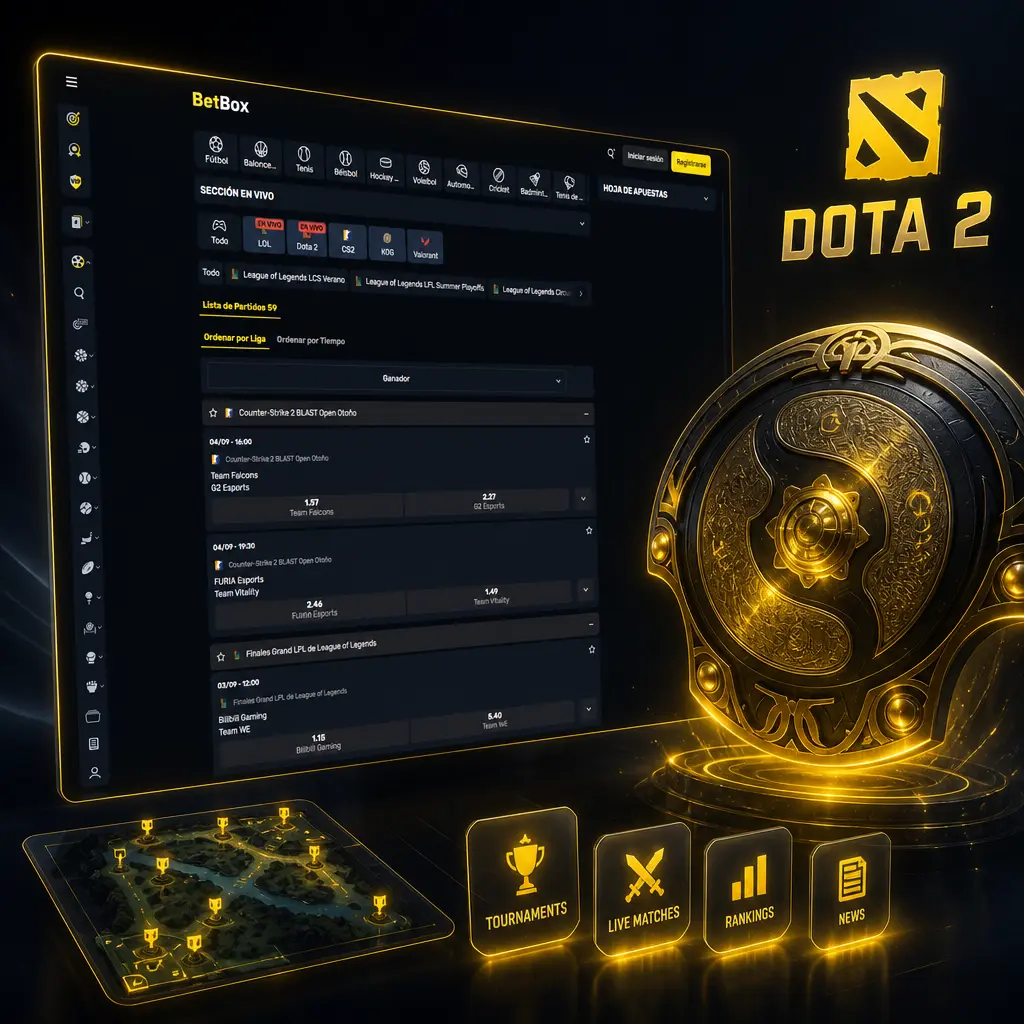 Partida de Dota 2 con dos equipos de 5 jugadores compitiendo en un torneo competitivo con apuestas en vivo