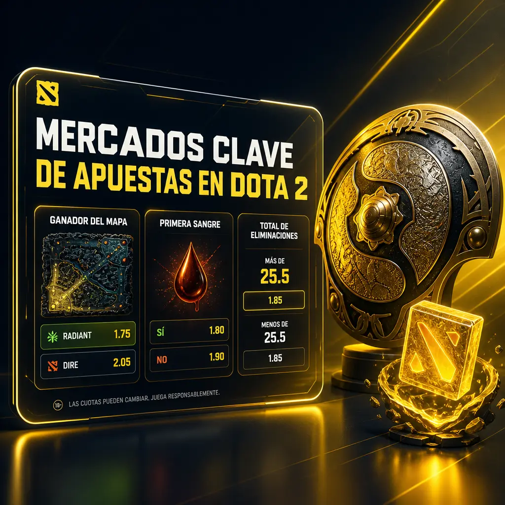 Mercados de apuestas en Betbox para Dota 2: ganador, hándicap de mapas, kills, primera sangre y primer Roshan.
