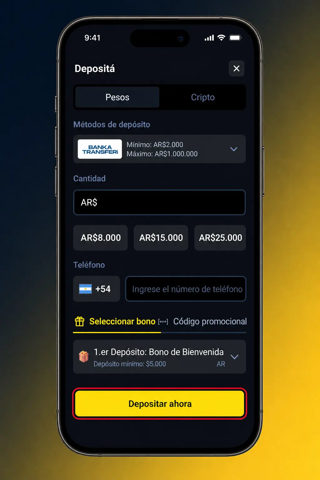 Pasos para depositar en Betbox Argentina usando Mercado Pago, Lemon o cripto desde el panel de Caja.