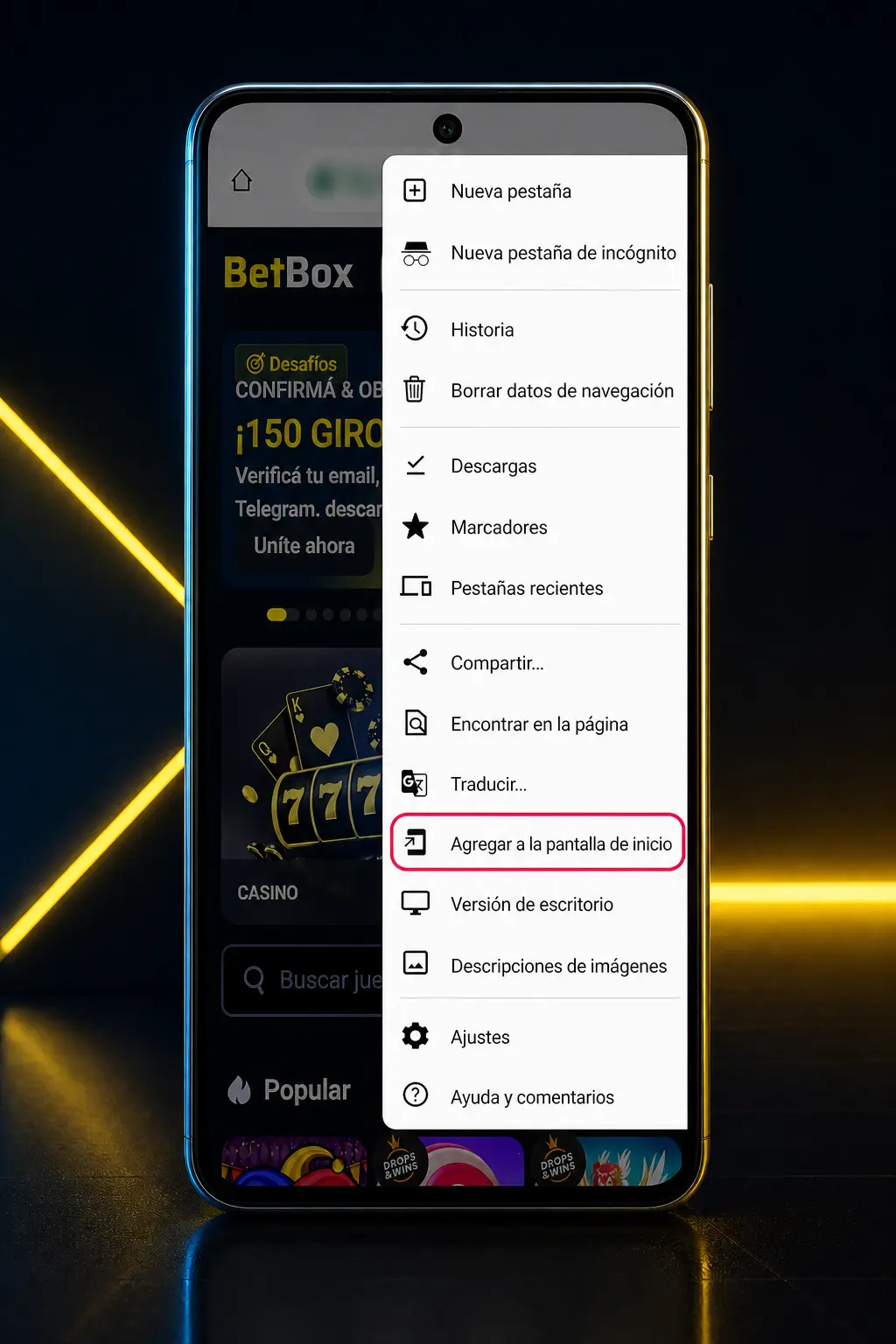 Captura con los pasos para descargar la app de Betbox en el celular