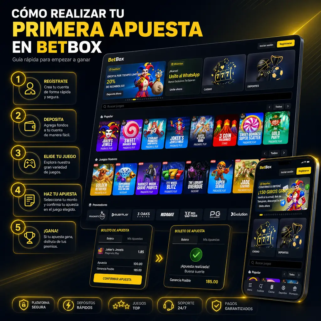 Guía paso a paso para realizar tu primera apuesta en Betbox: registro, verificación, depósito y confirmación del monto.