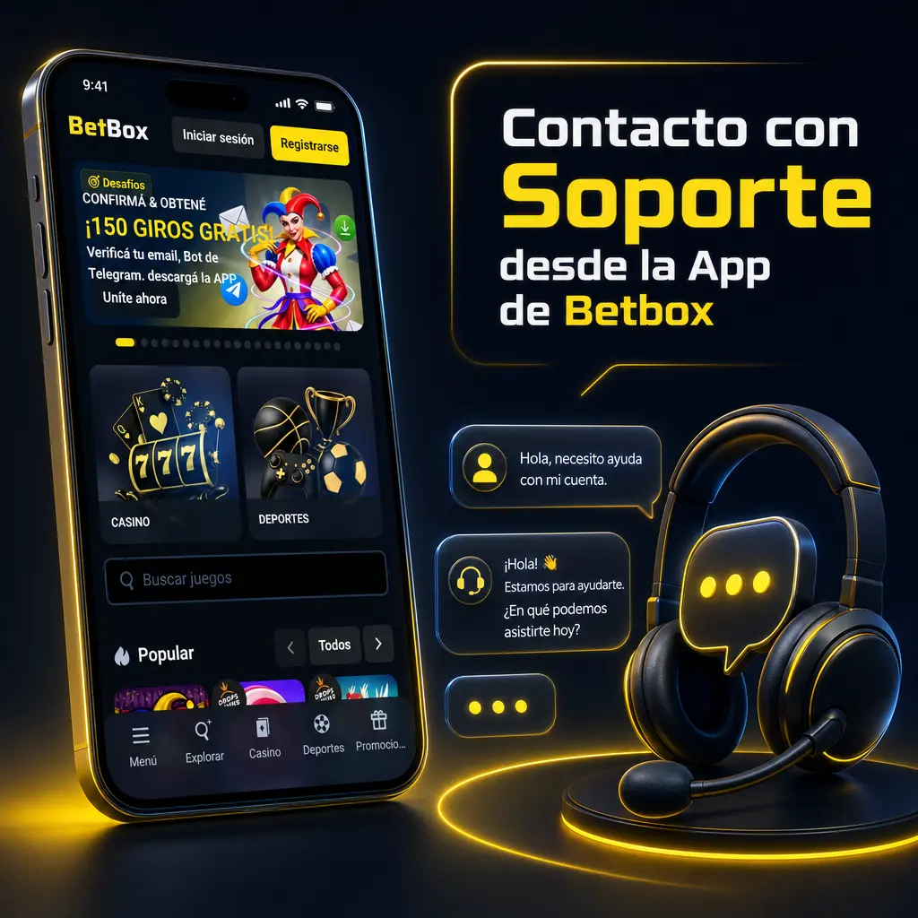Pantalla de la app de Betbox mostrando las opciones de contacto con soporte: chat en vivo, correo, WhatsApp y preguntas frecuentes.