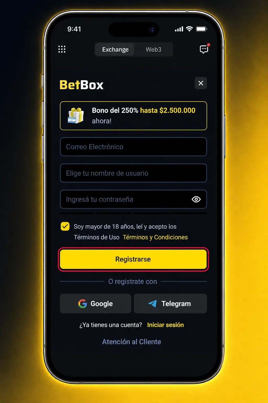 Pasos para registrarte en Betbox: creá tu cuenta con email o celular, verificá el código y hacé tu primer depósito