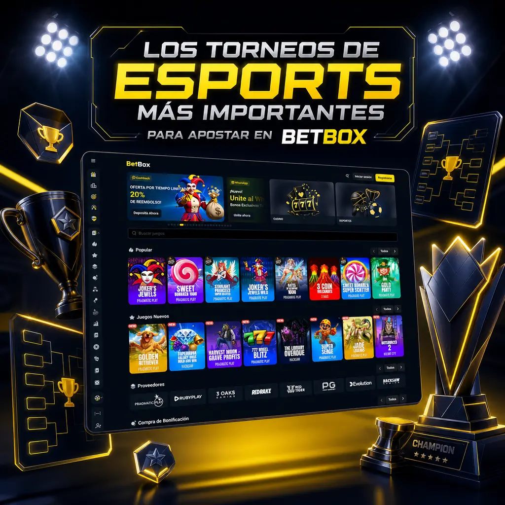 Tabla de los principales torneos de esports por disciplina disponibles para apostar en Betbox, incluyendo CS2, Dota 2 y LoL