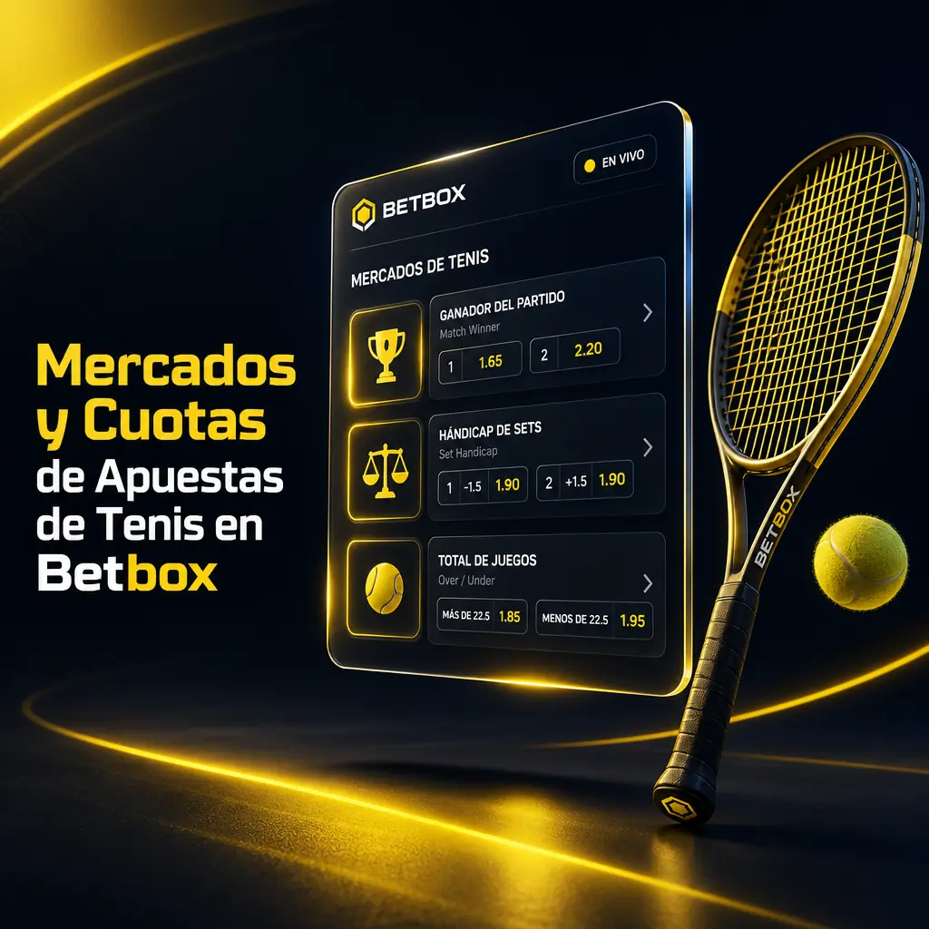 Mercados y cuotas de apuestas de tenis en Betbox: ganador del partido, sets, total de games, hándicap y resultado exacto.