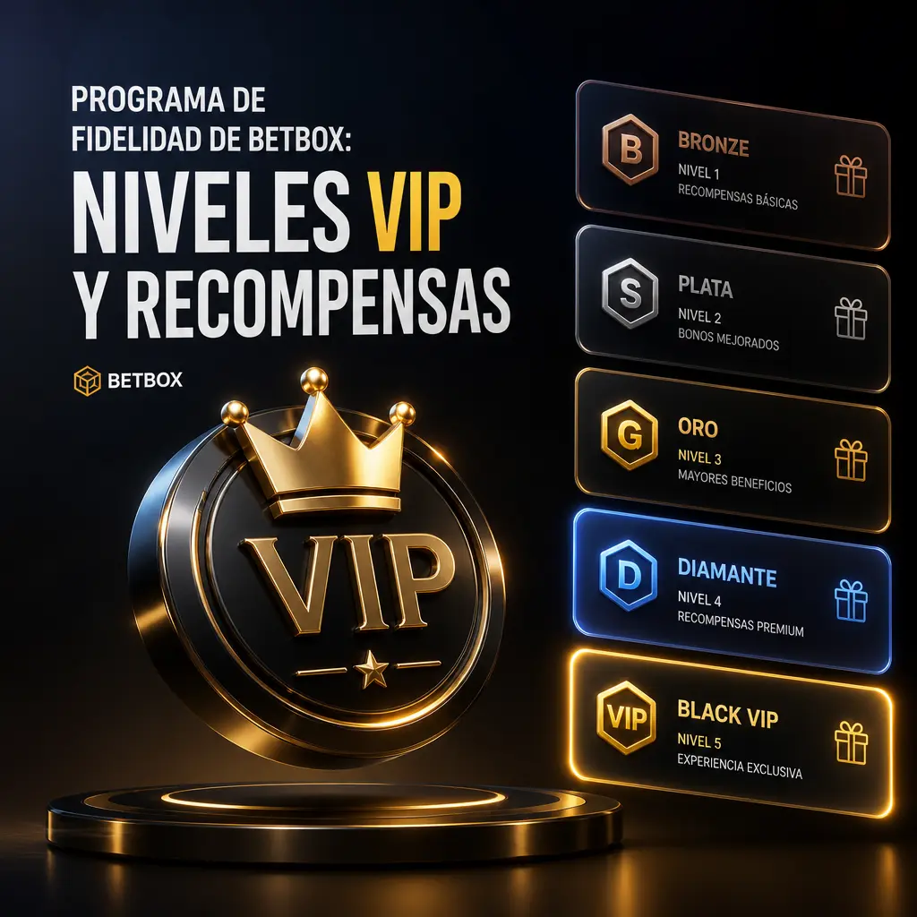 Programa de fidelidad Betbox: niveles VIP Bronce a Diamante, puntos por apuestas y recompensas como cashback y bonos exclusivos.