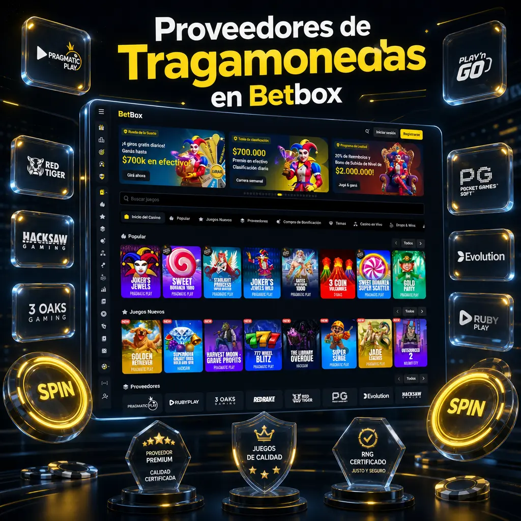 Proveedores de tragamonedas en Betbox: Pragmatic Play, Play'n GO, Hacksaw Gaming, Push Gaming, Nolimit City, BGaming y Spinomenal.