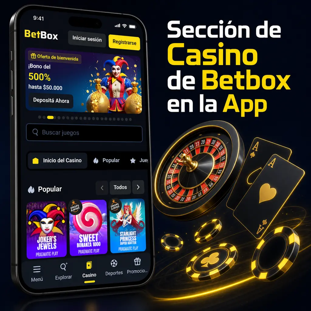 Sección de casino de la app Betbox con categorías de juegos, filtros por proveedor y buscador de títulos
